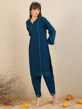 Women's Teal Embroidered Straight Kurta Trousers Set