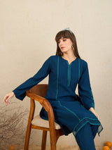 Women's Teal Embroidered Straight Kurta Trousers Set