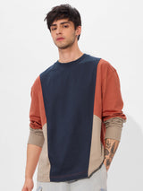 Men's Multicolor Colorblocked Round Neck Oversized Full Sleeve Tshirt