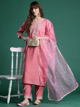 Women's Pink Embroidered Straight Kurta Trouser With Dupatta Set