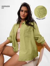 Women's Green Casual Oversized Fit Solid Full Sleeves Shirt