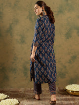 Women's Blue Embroidered Straight Kurta Trousers Set