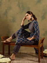 Women's Blue Embroidered Straight Kurta Trousers Set