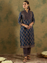 Women's Blue Embroidered Straight Kurta Trousers Set