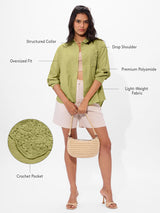 Women's Green Casual Oversized Fit Solid Full Sleeves Shirt
