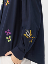 Women's Navy Casual Oversized Fit Embroidered Full Sleeves Shirt