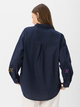 Women's Navy Casual Oversized Fit Embroidered Full Sleeves Shirt