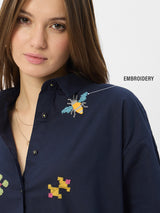 Women's Navy Casual Oversized Fit Embroidered Full Sleeves Shirt