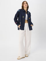 Women's Navy Casual Oversized Fit Embroidered Full Sleeves Shirt