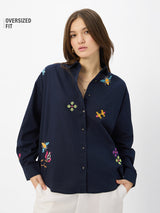 Women's Navy Casual Oversized Fit Embroidered Full Sleeves Shirt