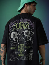 Men's Black Casual Printed Oversized Fit Half Sleeves Tshirt