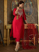 Women's Red Embroidered Straight Kurta Trouser With Dupatta Set