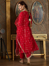Women's Red Embroidered Straight Kurta Trouser With Dupatta Set