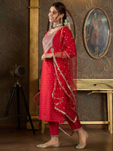Women's Red Embroidered Straight Kurta Trouser With Dupatta Set
