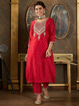 Women's Red Embroidered Straight Kurta Trouser With Dupatta Set
