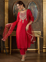 Women's Red Embroidered Straight Kurta Trouser With Dupatta Set