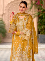 Women's Yellow Embroidered Straight Kurta Pant With Organza Dupatta Set