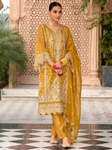 Women's Yellow Embroidered Straight Kurta Pant With Organza Dupatta Set