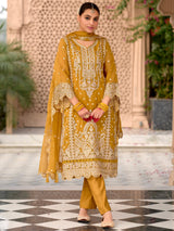 Women's Yellow Embroidered Straight Kurta Pant With Organza Dupatta Set