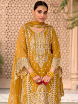 Women's Yellow Embroidered Straight Kurta Pant With Organza Dupatta Set