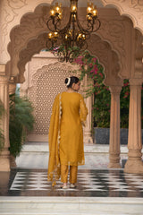 Women's Yellow Embroidered Straight Kurta Pant With Organza Dupatta Set