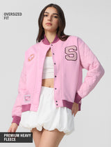 Women's Pink Casual Oversized Fit Embroidered Full Sleeves Varsity Jacket