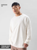 Men's White Solid Round Neck Oversized Full Sleeve Tshirt