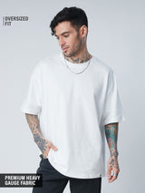 Men's White Solid Round Neck Oversized Tshirt