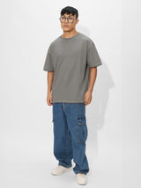 Men's Grey Solid Round Neck Oversized Tshirt
