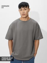 Men's Grey Solid Round Neck Oversized Tshirt