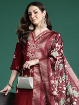 Women's Maroon Embroidered Straight Kurta Trouser With Dupatta Set