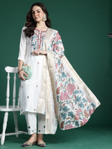 Women's White Embroidered Straight Kurta Trouser With Dupatta Set
