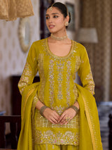 Women's Mustard Embroidered Straight Kurta Pant With Dupatta Set