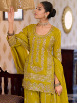 Women's Mustard Embroidered Straight Kurta Pant With Dupatta Set