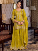 Women's Mustard Embroidered Straight Kurta Pant With Dupatta Set