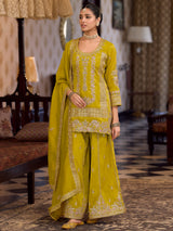 Women's Mustard Embroidered Straight Kurta Pant With Dupatta Set