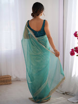 Women's Net Light Blue Embellished Designer Saree with Blouse Piece
