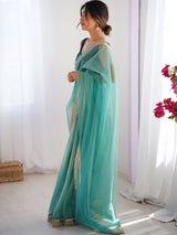 Women's Net Light Blue Embellished Designer Saree with Blouse Piece