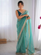 Women's Net Light Blue Embellished Designer Saree with Blouse Piece