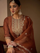 Women's Rust Embroidered Straight Kurta Trouser With Dupatta Set