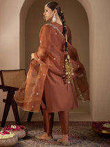 Women's Rust Embroidered Straight Kurta Trouser With Dupatta Set