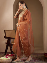 Women's Rust Embroidered Straight Kurta Trouser With Dupatta Set