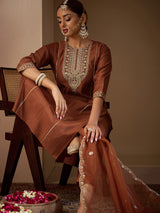 Women's Rust Embroidered Straight Kurta Trouser With Dupatta Set