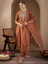 Women's Rust Embroidered Straight Kurta Trouser With Dupatta Set