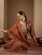 Women's Rust Embroidered Straight Kurta Trouser With Dupatta Set
