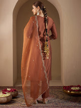 Women's Rust Embroidered Straight Kurta Trouser With Dupatta Set