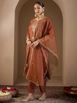 Women's Rust Embroidered Straight Kurta Trouser With Dupatta Set