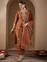 Women's Rust Embroidered Straight Kurta Trouser With Dupatta Set