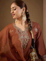 Women's Rust Embroidered Straight Kurta Trouser With Dupatta Set