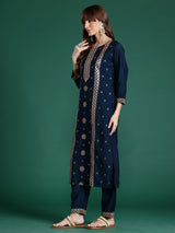 Women's Teal Embroidered Straight Kurta Trouser With Dupatta Set